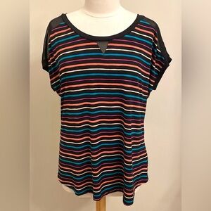 Worthington Black Rainbow Striped Dolman Semi Sheer Short Sleeve Casual Top XL